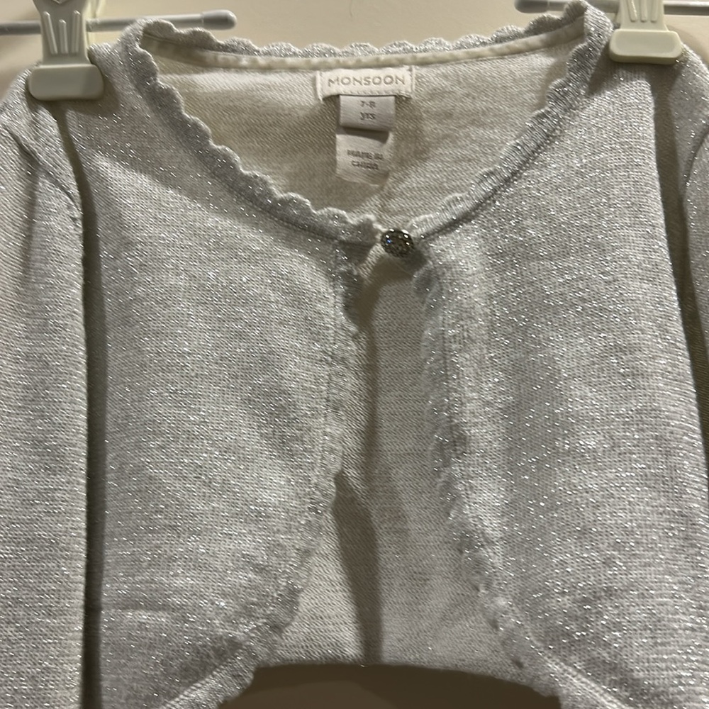 Monsoon SPARKLY SHRUG rhinestone button scalloped trim long sleeve size 7-8 yrs